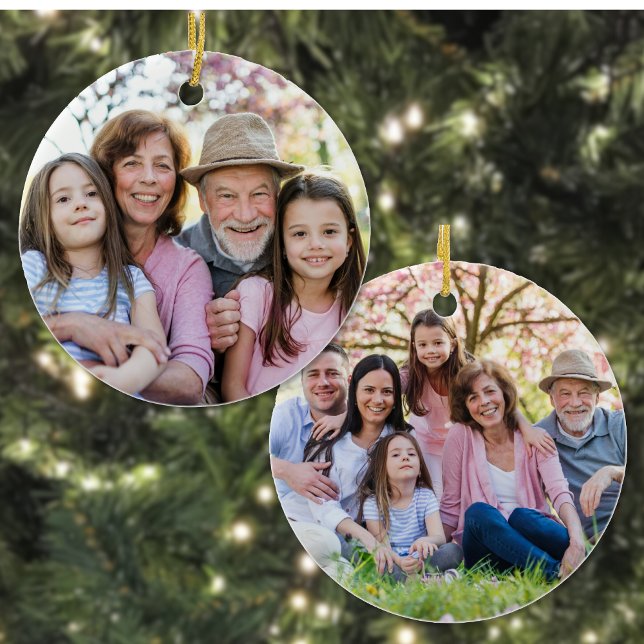 Custom Double Sided Family Two Photo Christmas Julgransprydnad Keramik (Custom Double Sided Family Two Photo Christmas Ceramic Ornament)