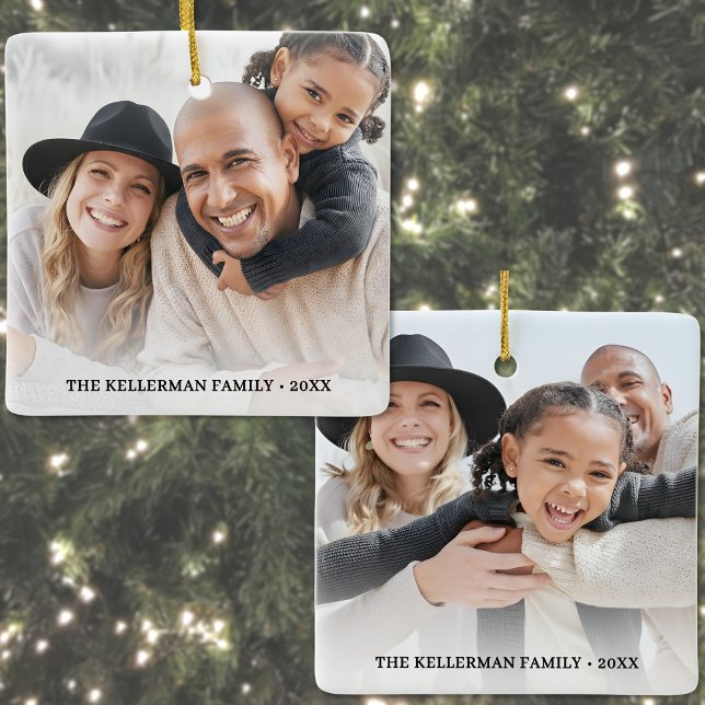 Custom Double Sided Family Two Photo Christmas Julgransprydnad Keramik (Custom Double Sided Family Two Photo Christmas Ceramic Ornament)