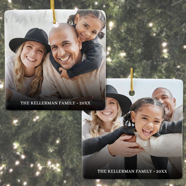 Custom Double Sided Family Two Photo Christmas Julgransprydnad Keramik (Custom Double Sided Family Two Photo Christmas Ceramic Ornament)