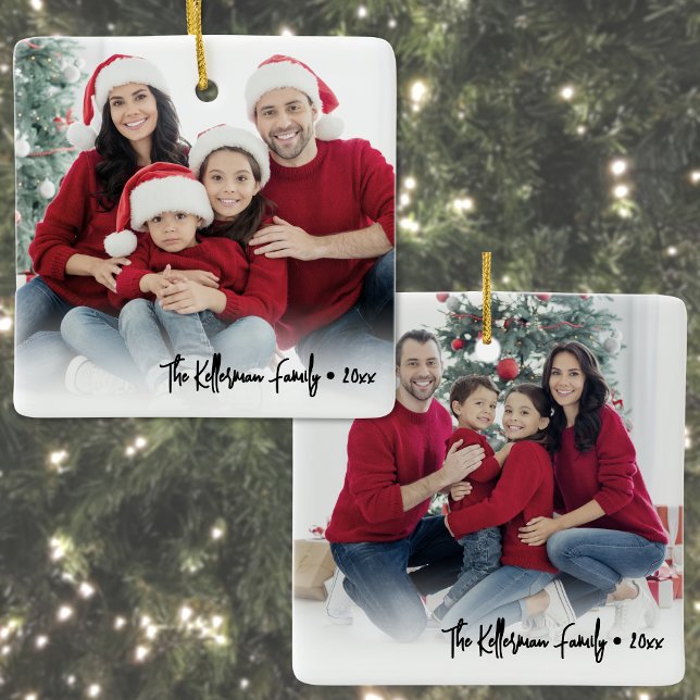 Custom Double Sided Family Two Photo Christmas Julgransprydnad Keramik (Custom Double Sided Family Two Photo Christmas Ceramic Ornament)