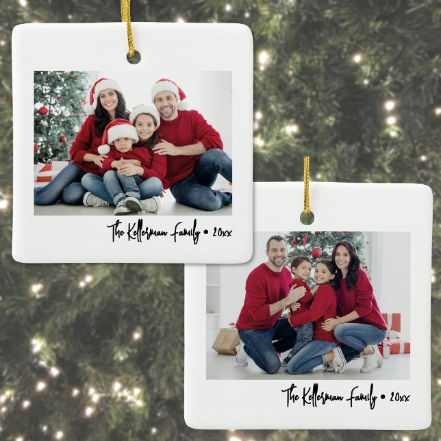 Custom Double Sided Family Two Photo Christmas Julgransprydnad Keramik (Custom Double Sided Family Two Photo Christmas Ceramic Ornament)