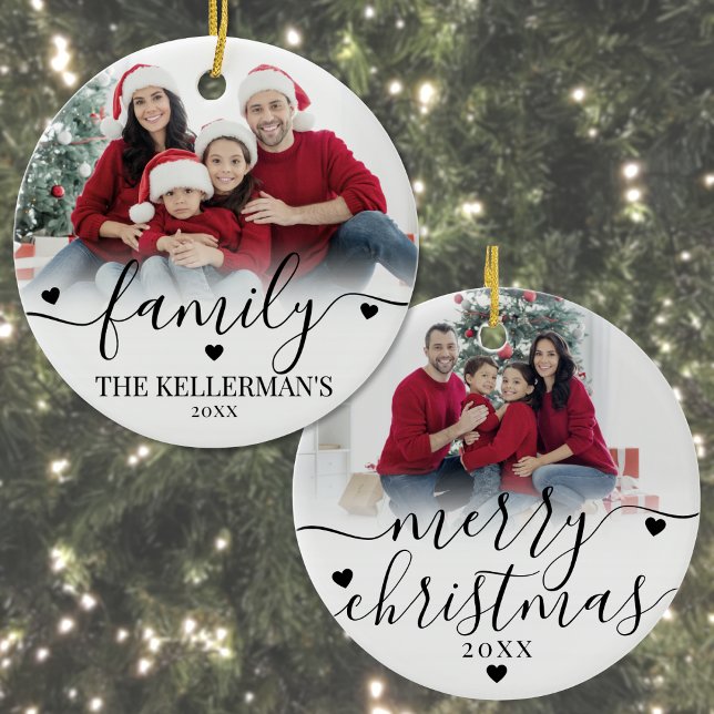Custom Double Sided Family Two Photo Christmas Julgransprydnad Keramik (Custom Double Sided Family Two Photo Christmas Ceramic Ornament)