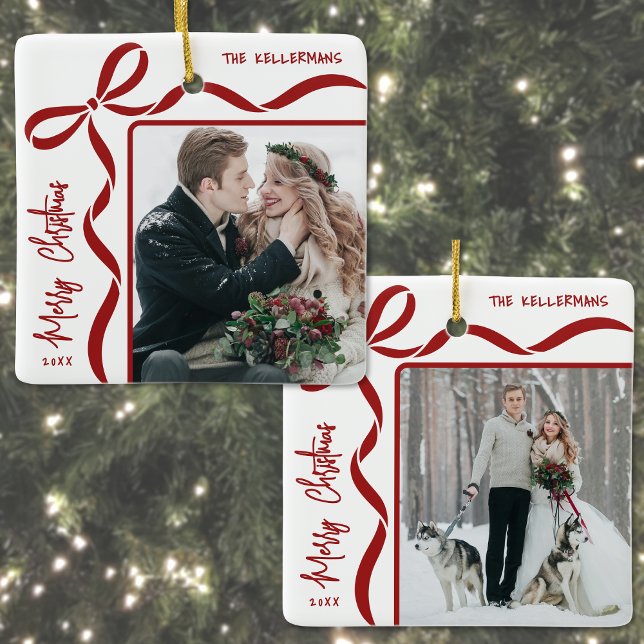 Custom Double Sided Family Two Photo Christmas Julgransprydnad Keramik (Custom Double Sided Family Two Photo Christmas Ceramic Ornament)