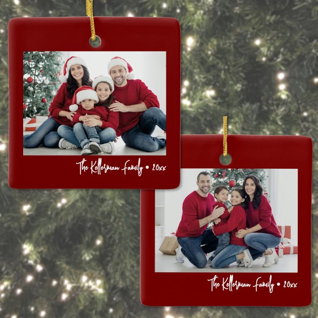 Custom Double Sided Family Two Photo Christmas Julgransprydnad Keramik (Custom Double Sided Family Two Photo Christmas Ceramic Ornament)