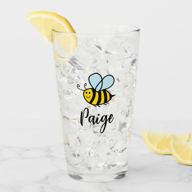 Custom drink glass with cute animated bee logo glaskopp (Framsida Ice)