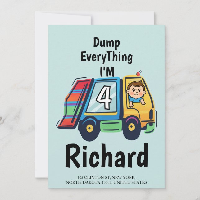 Custom Dump Everything! I'm 4 Garbage Truck Birth Inbjudningar (Framsida)