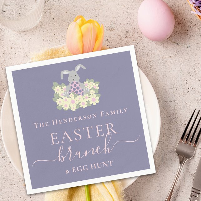 Custom Easter Brunch Cute Bunny Egg Hunt Purple Pappersservett (Easter brunch and egg hunt cute bunny spring party purple pink custom napkins)