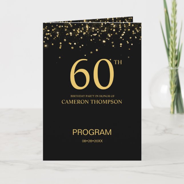 Custom Elegant Black & Gold confetti 60th Birthday Program (Framsida)