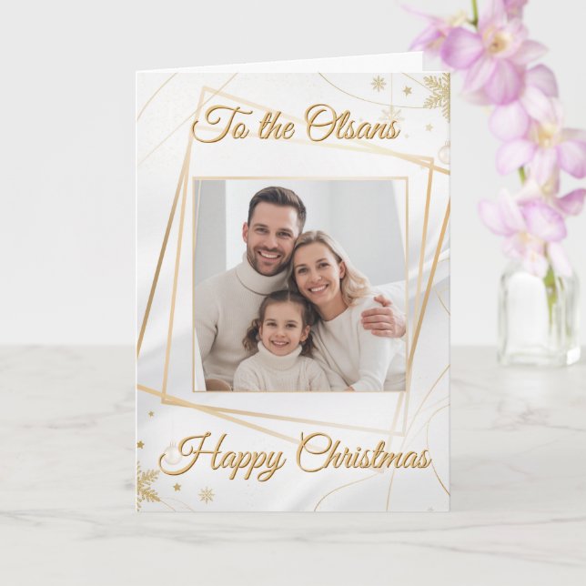 Custom Elegant Gold Family Photo Christmas Card Kort (Orkide)