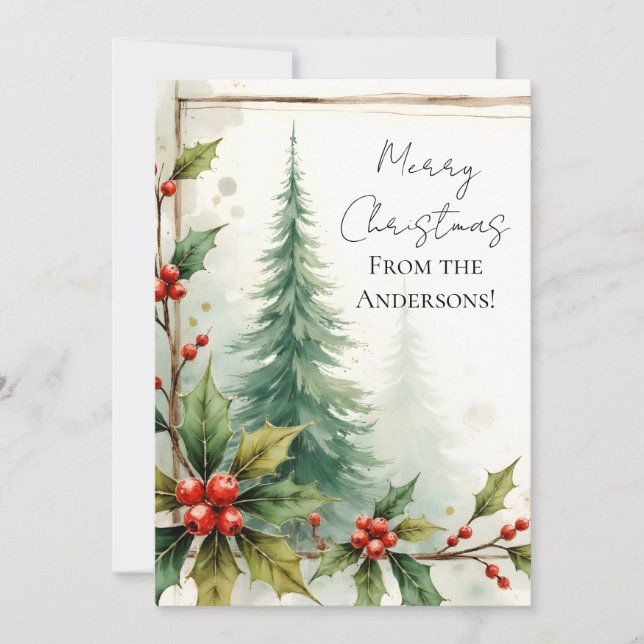 Custom Elegant Holly Pine Christmas Card Julkort (Framsida)
