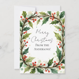 Custom Elegant Holly Pine Christmas Card Julkort