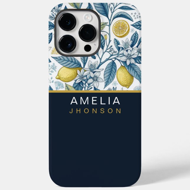 Custom Elegant Mediterranean Lemon Botanical Navy (Baksida)
