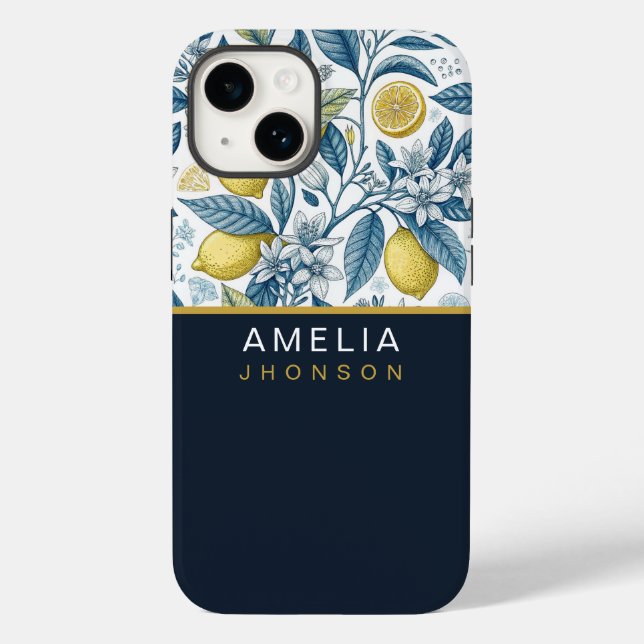 Custom Elegant Mediterranean Lemon Botanical Navy (Baksida)
