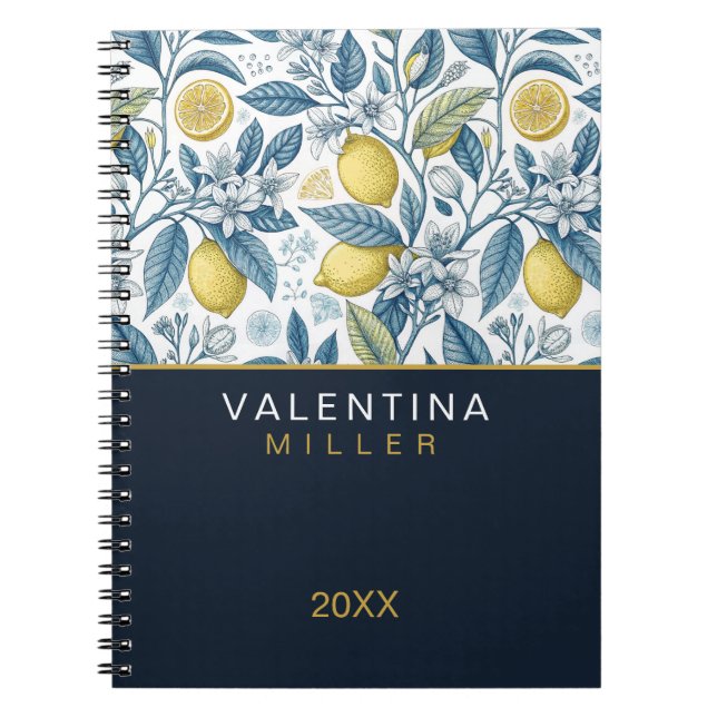 Custom Elegant Mediterranean Lemon Botanical Navy Anteckningsbok (Framsidan)