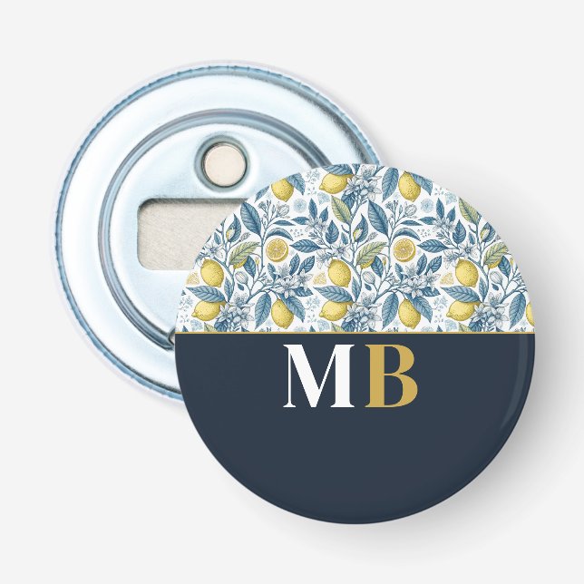 Custom Elegant Mediterranean Lemon Botanical Navy Flasköppnare (Framsidan)