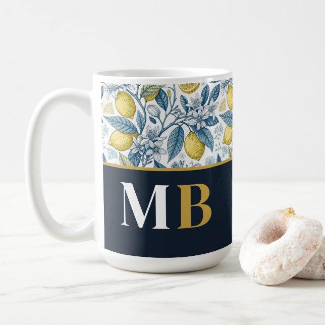 Custom Elegant Mediterranean Lemon Botanical Navy Kaffemugg (Med munk)