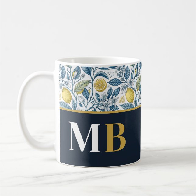 Custom Elegant Mediterranean Lemon Botanical Navy Kaffemugg (Vänster)