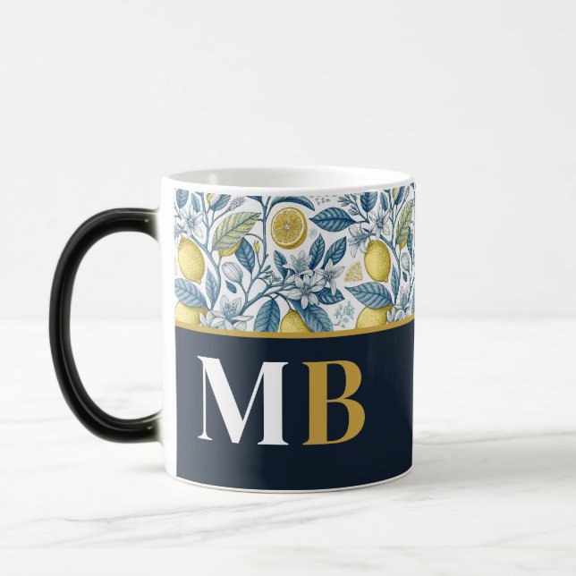 Custom Elegant Mediterranean Lemon Botanical Navy Magisk Mugg (Vänster)