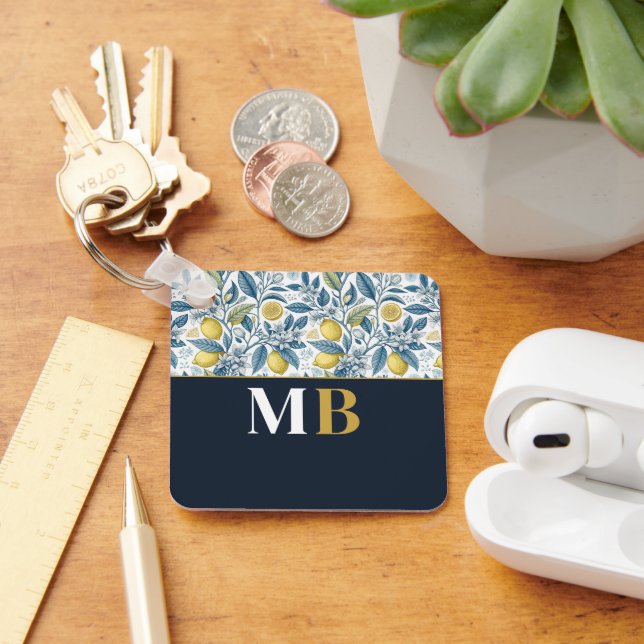 Custom Elegant Mediterranean Lemon Botanical Navy Nyckelring (Skrivbord)