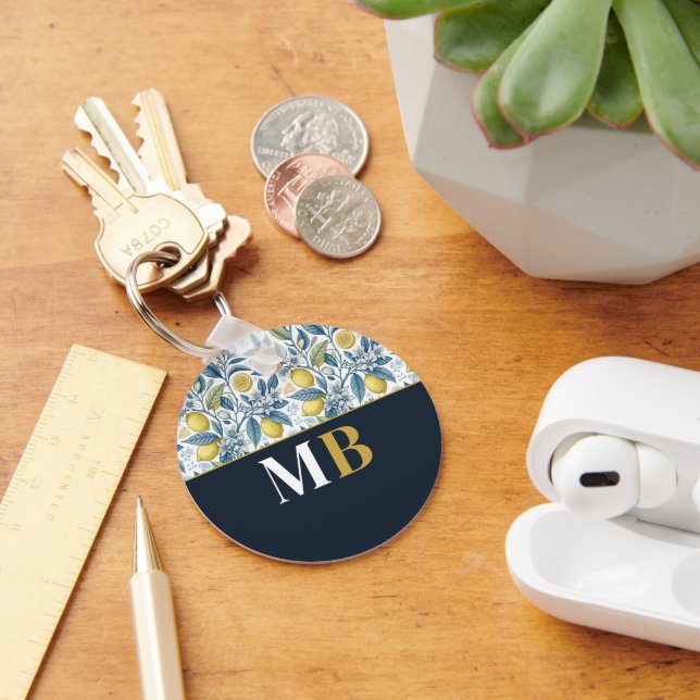 Custom Elegant Mediterranean Lemon Botanical Navy Nyckelring (Skrivbord)