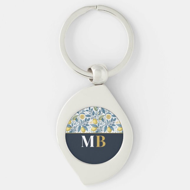 Custom Elegant Mediterranean Lemon Botanical Navy Swirl Silverfärgad Nyckelring (Framsidan)
