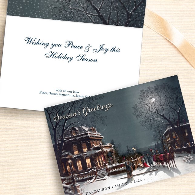 Custom Elegant Victorian Christmas Eve Scene  Helgkort (Elegant, snowy Victorian winter scene, personalizable Holiday card.)