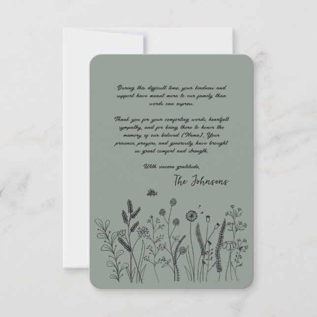 Custom Elegant Wildflower Funeral Thank You Card Tack Kort (Framsida)