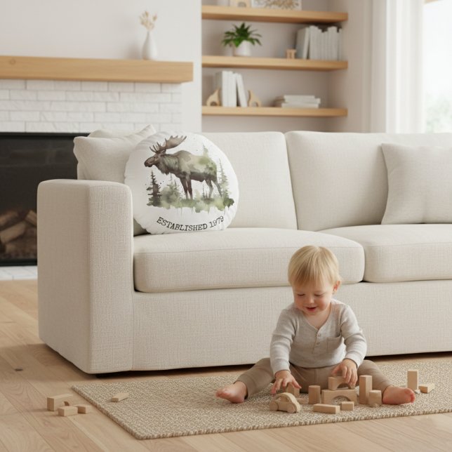 Custom "Established 1979" Watercolor Moose Rund Kudde (Skapare uppladdad)