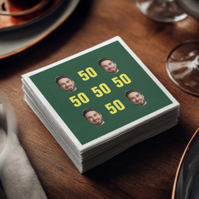 Custom Face Photo 50th Birthday Fun Pappersservett (Green cocktail napkin featuring four custom face photos arranged in a grid with bright yellow “50” )