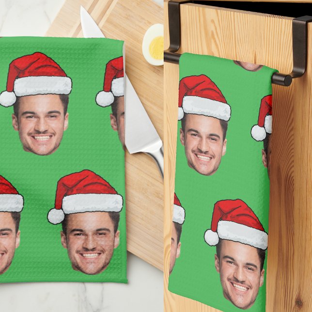 Custom Face Photo Santa Hat Christmas Green Kökshandduk (Skapare uppladdad)