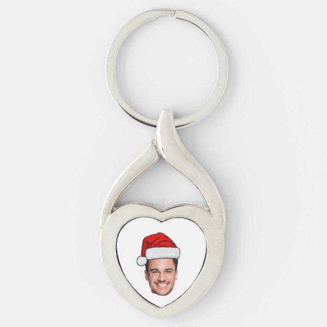 Custom Face Photo Santa Hat Christmas Twisted Heart Silverfärgad Nyckelring (Framsidan)