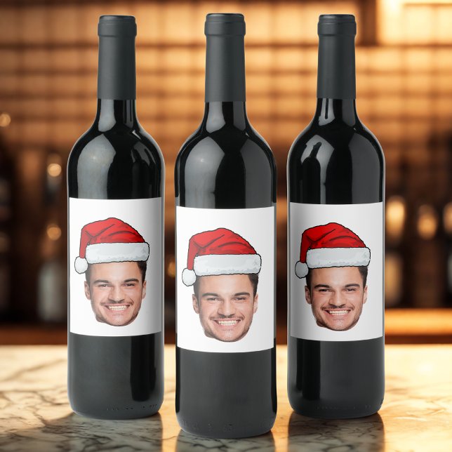 Custom Face Photo Santa Hat Christmas Vinflaska Etikett (Skapare uppladdad)