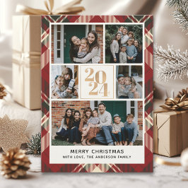 Custom Family Christmas card with 5 Photos Tartan  Inbjudningar