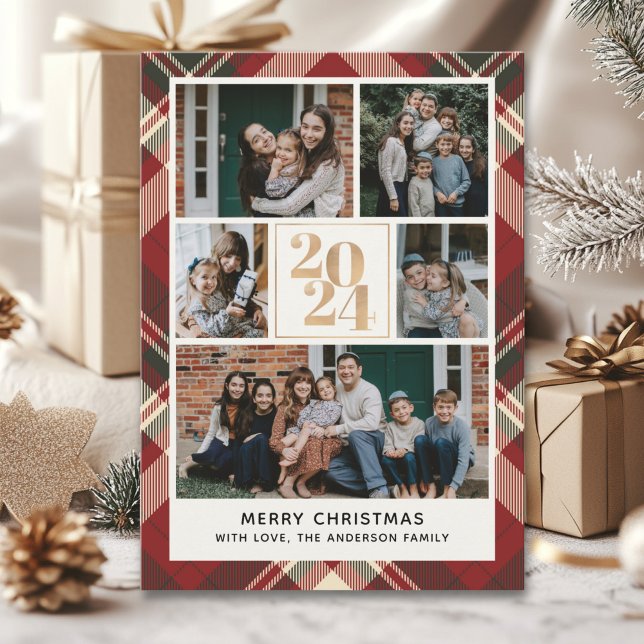 Custom Family Christmas card with 5 Photos Tartan  Inbjudningar (Skapare uppladdad)