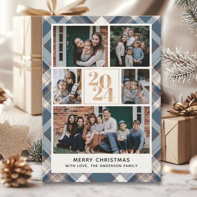 Custom Family Christmas card with 5 Photos Tartan  Inbjudningar (Skapare uppladdad)