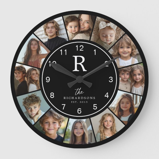 Custom Family Monogram Name Year 12 Photo Collage Stor Klocka (Framsida)