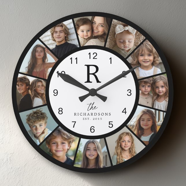 Custom Family Monogram Name Year 12 Photo Collage Stor Klocka (Skapare uppladdad)