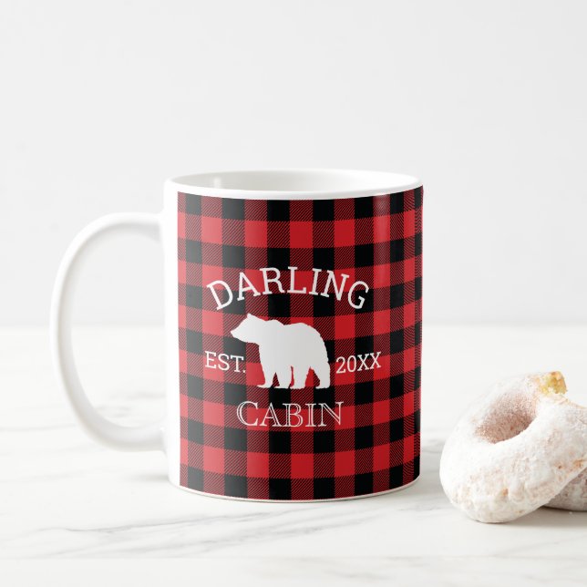 Custom Family Name Bear Buffalo Check Rustic Kaffemugg (Med munk)