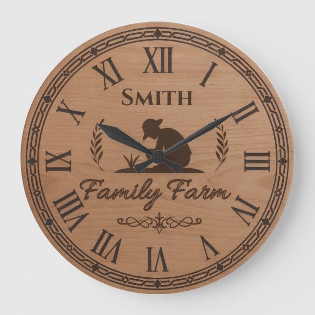 Custom Family Name Clock – Farmer Planting Scene Stor Klocka (Framsida)