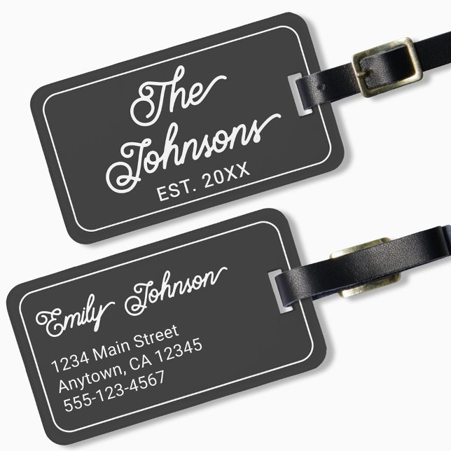 Custom Family Name in Elegant Script Charcoal Gray Bagagebricka (Skapare uppladdad)