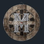 Custom Family Name Monogram Dart Board Darttavla<br><div class="desc">Faux wooden background with monogram and family name in center of the board. Other colors available in the shop.</div>