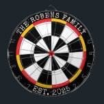Custom Family Name Rustic Dartboard Darttavla<br><div class="desc">A dartboard is a popular recreational and competitive game that provides hours of fun for players of all ages and skill levels. Typically made from sisal fibers, cork, or electronic components, dartboards are designed to withstand the impact of darts while offering precise scoring zones. Standard dartboards feature a circular design...</div>
