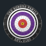 Custom Family Name Rustic Dartboard Darttavla<br><div class="desc">A dartboard is a popular recreational and competitive game that provides hours of fun for players of all ages and skill levels. Typically made from sisal fibers, cork, or electronic components, dartboards are designed to withstand the impact of darts while offering precise scoring zones. Standard dartboards feature a circular design...</div>