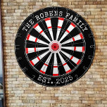 Custom Family Name Rustic Dartboard Darttavla<br><div class="desc">A dartboard is a popular recreational and competitive game that provides hours of fun for players of all ages and skill levels. Typically made from sisal fibers, cork, or electronic components, dartboards are designed to withstand the impact of darts while offering precise scoring zones. Standard dartboards feature a circular design...</div>