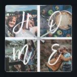 Custom Family Photo Collage Brush Script HOME Fyrkantig Klocka<br><div class="desc">Personalized family keepsake cloxk with 4 of your family photos arranged in a square grid photo collage and a beautiful hand-lettered script spelling HOME. Great gift for mom,  dad,  family,  friends,  parents,  and grandparents!</div>