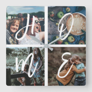 Custom Family Photo Collage Brush Script HOME Fyrkantig Klocka