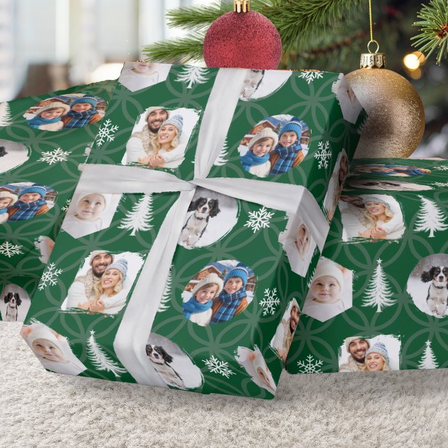 Custom Family Photo Collage Green Christmas Presentpapper (Custom multi-photo Christmas gift wrap, in green with geometric pattern, trees and snowflakes)