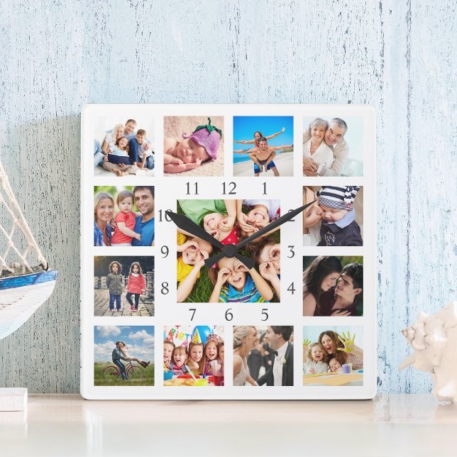 Custom Family Photo Collage Personalized White Fyrkantig Klocka (Skapare uppladdad)