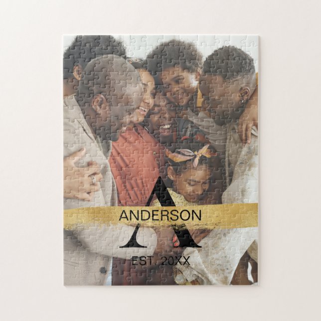 Custom Family Photo Gold Monogram Name Personalize Pussel (Vertikal)