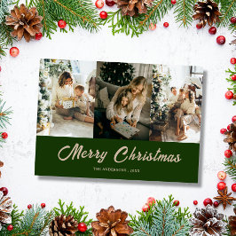 custom family photo green merry christmas Card Julkort